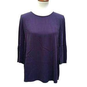 Eileen Fisher silk round neck top XS purple/blue ruffle detail 3/4 sleeves